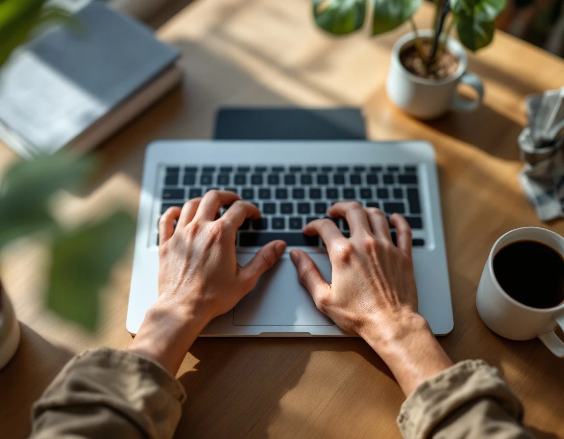 Hands typing on laptop in professional workspace with coffee and plants nearby
