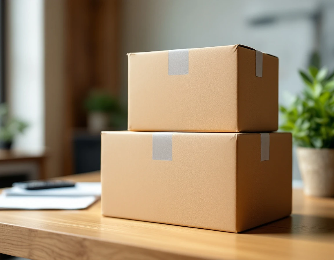 Stacked unmarked cardboard boxes on office desk with natural lighting and calculator in background