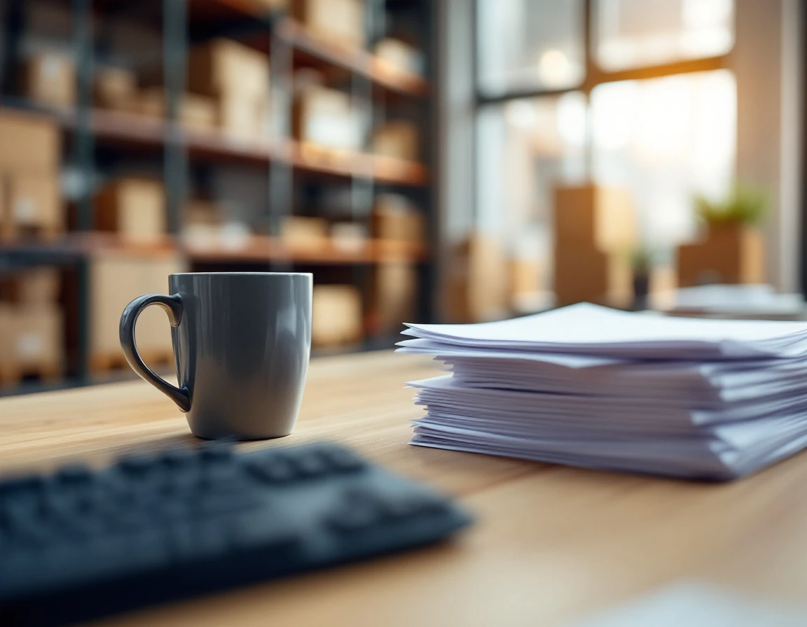 Clean desk setup with keyboard, coffee mug, and blank order forms in natural light with warehouse background