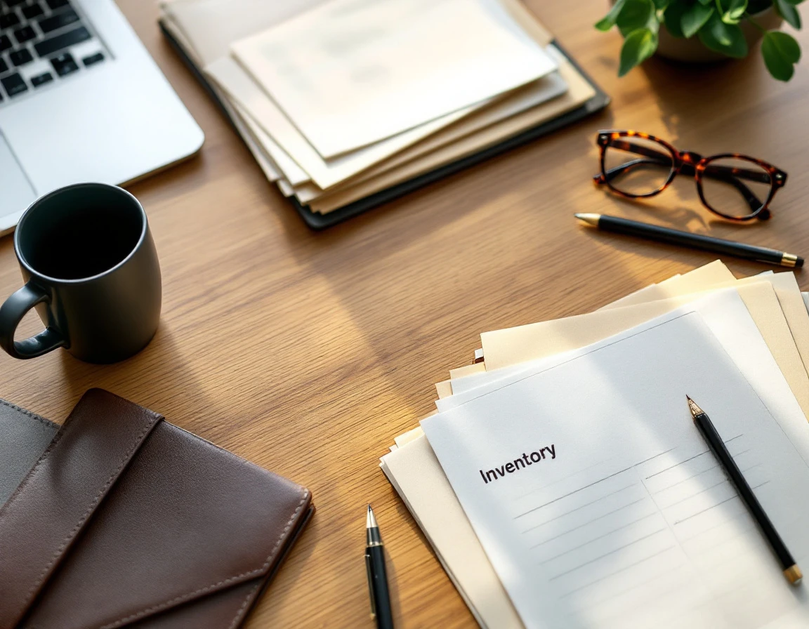 Organized office desk with inventory folders, coffee cup, and supplies for managing B2B wholesale orders