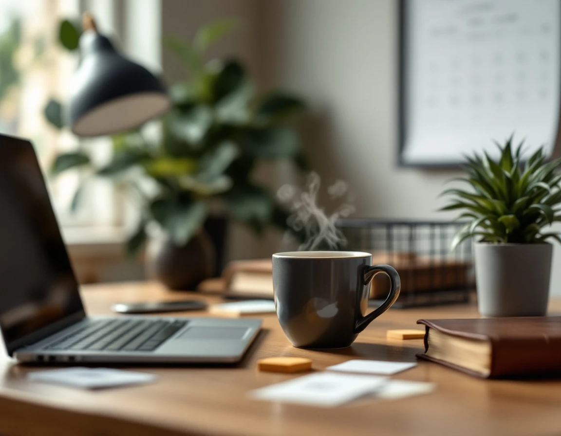 Organized workspace with coffee, closed planner, and blurred calendar suggesting deadline planning