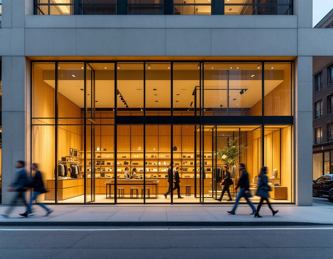 Modern pop-up retail storefront with glass facades and natural materials in urban setting at dusk