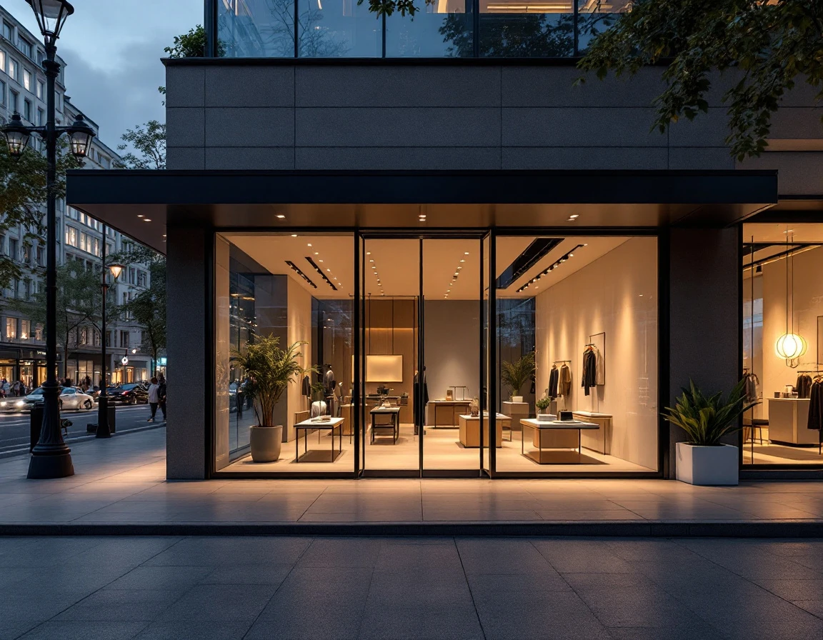 Modern pop-up retail storefront with glass facade illuminated at dusk showing minimalist interior display space