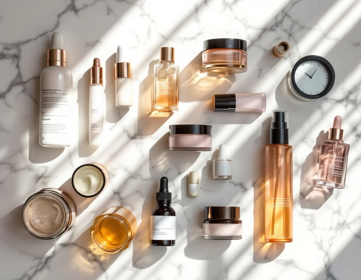 Organized flat-lay of unlabeled beauty products on marble surface with natural lighting