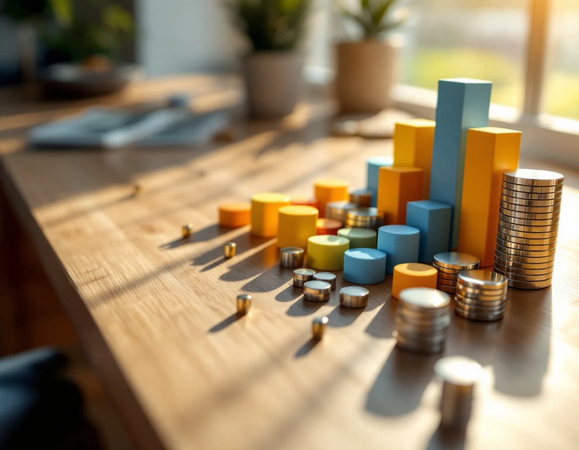 Wooden desk with organized product thumbnails, analytics charts, and optimization elements in natural light