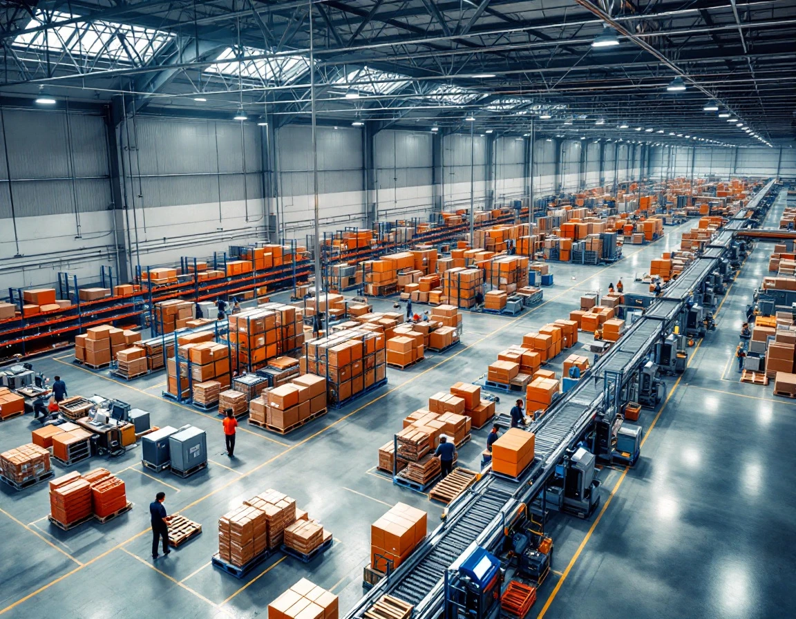 Warehouse fulfillment center showing interconnected zones for customer service, inventory, and order processing