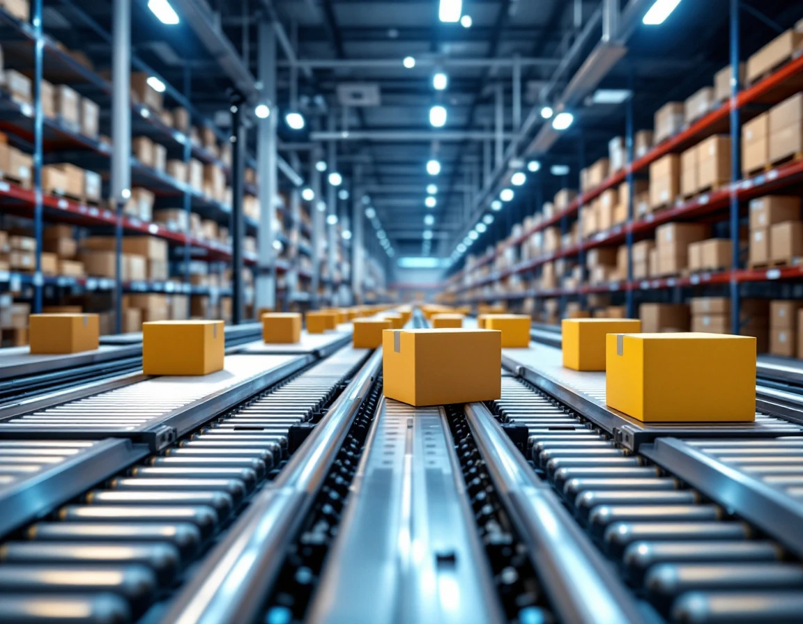 Automated fulfillment center conveyor system moving multiple product packages through sorting infrastructure