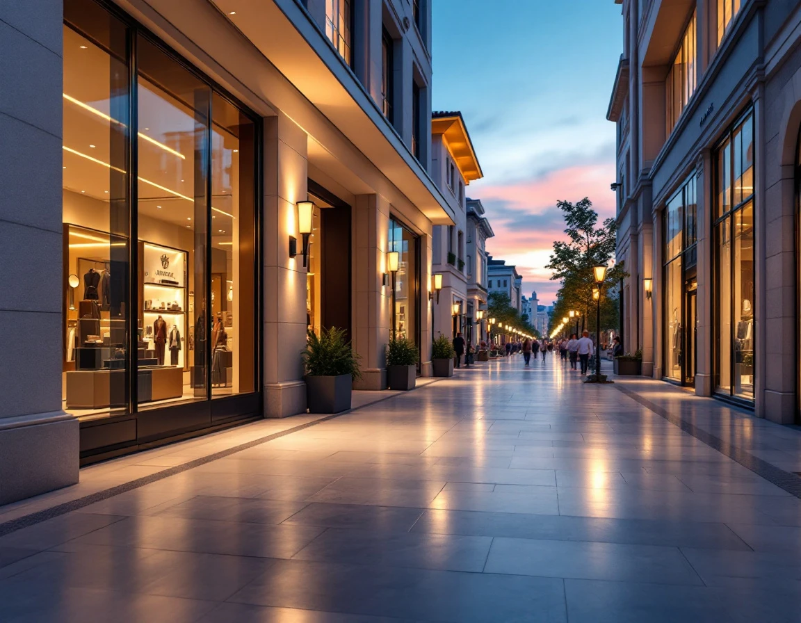 Upscale retail corridor at dusk showing curated storefront windows and modern commercial architecture