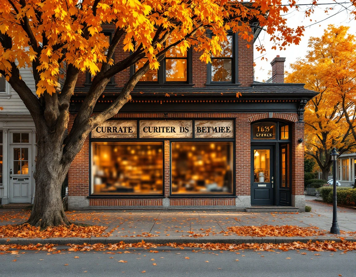 Brick retail storefront with large windows in residential neighborhood during autumn golden hour