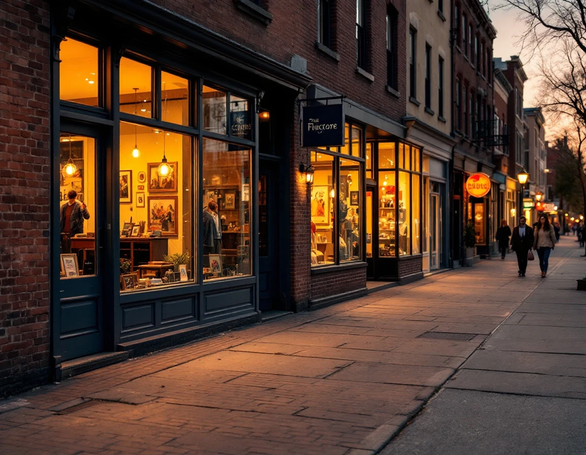 Evening retail street scene showing varied storefronts with natural lighting during golden hour transition