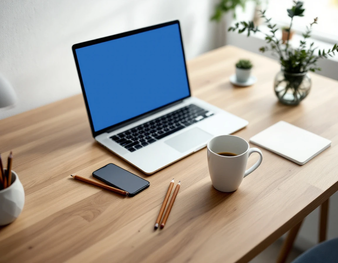 Overhead view of laptop and smartphone on wooden desk in natural morning light
