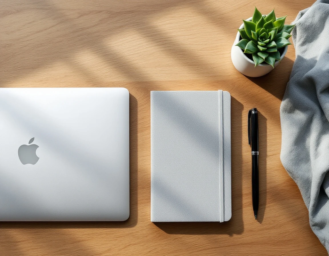 Clean desk workspace with laptop, notebook, succulent, and pen arranged on natural wood surface