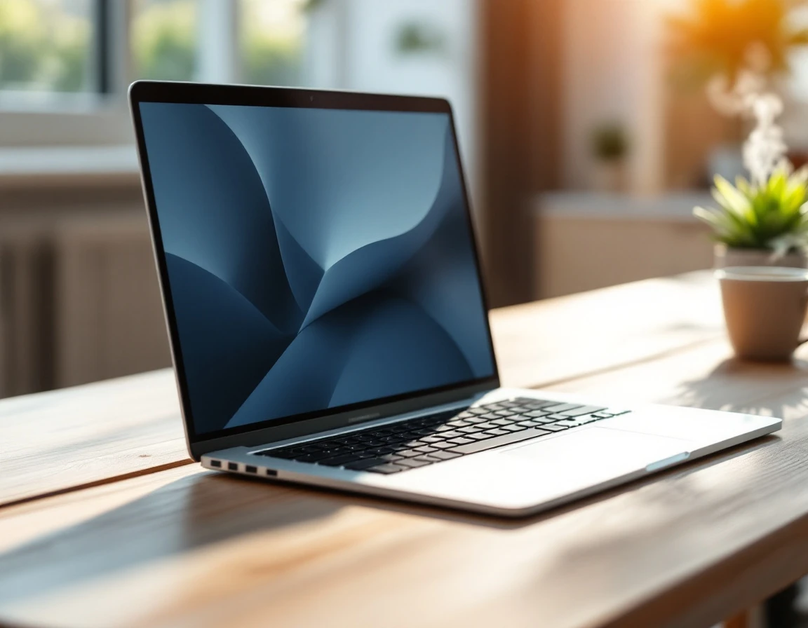 Laptop workspace with coffee and plant in naturally lit office setting