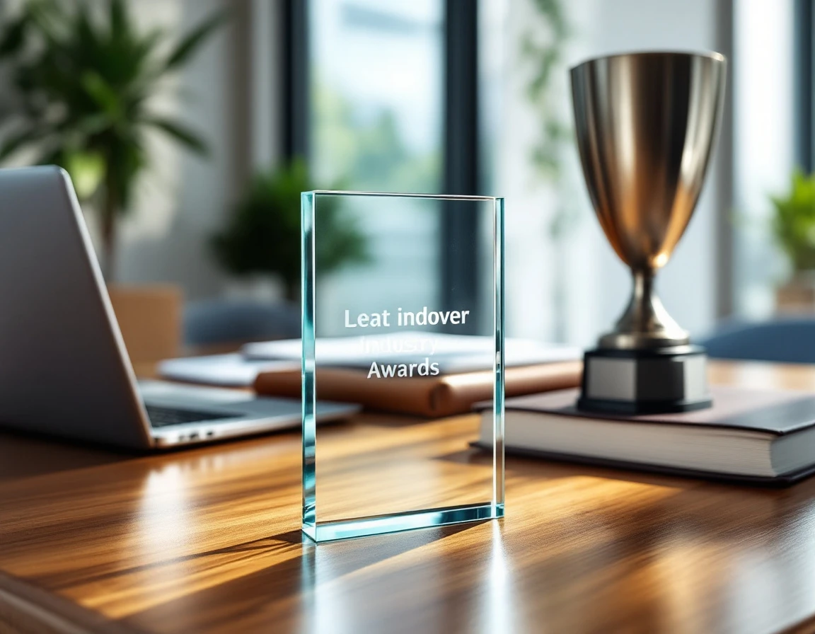 Industry awards and glass plaques displayed on executive desk in professional B2B office environment