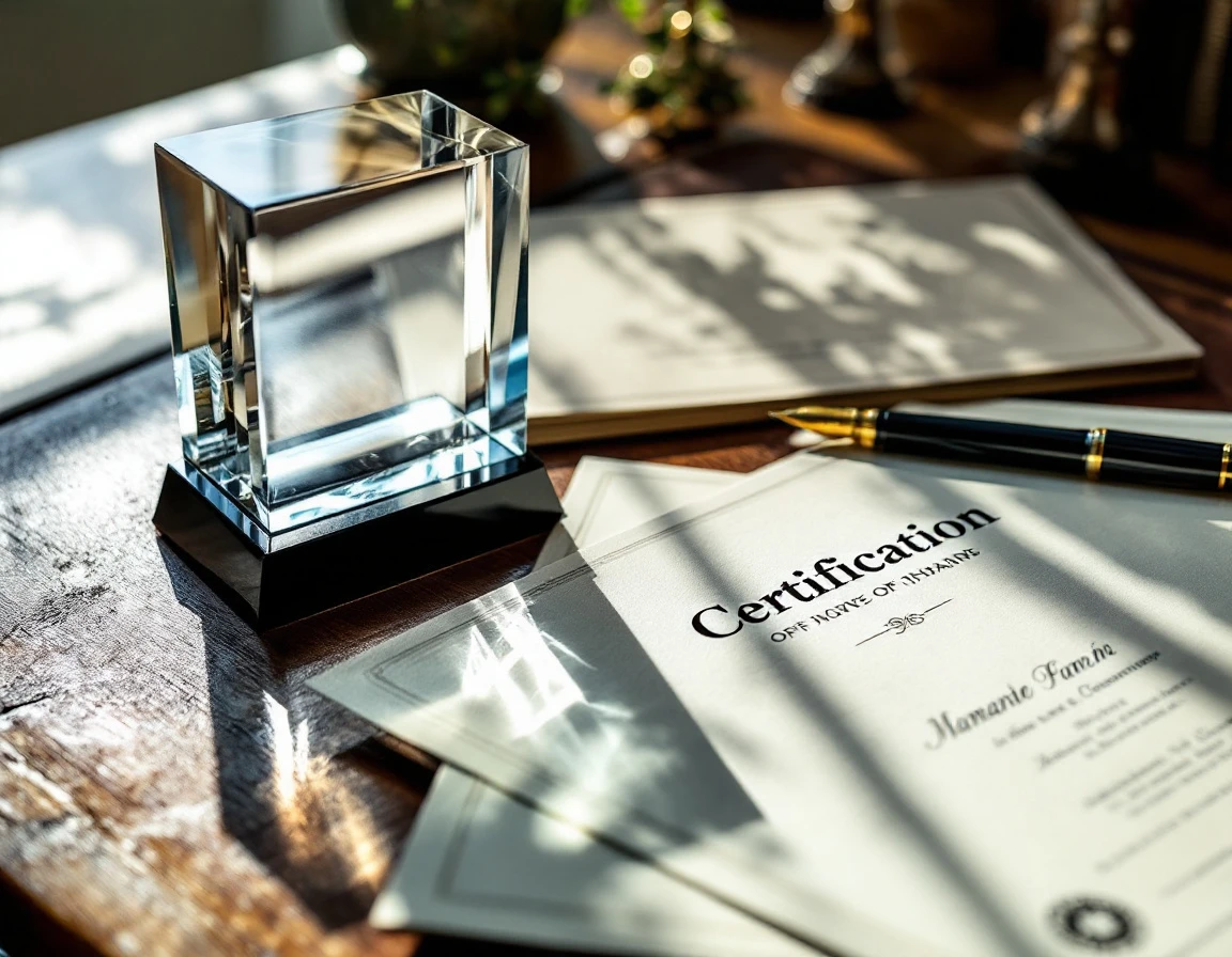 Crystal award trophy and business certificates on wooden desk representing B2B industry recognition
