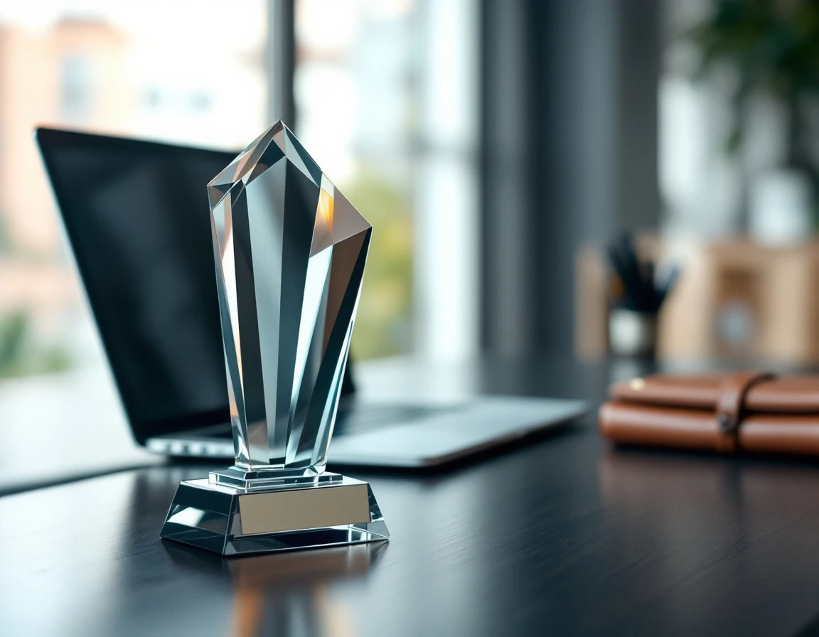 Glass trophy and award plaque displayed on executive desk in modern B2B office environment