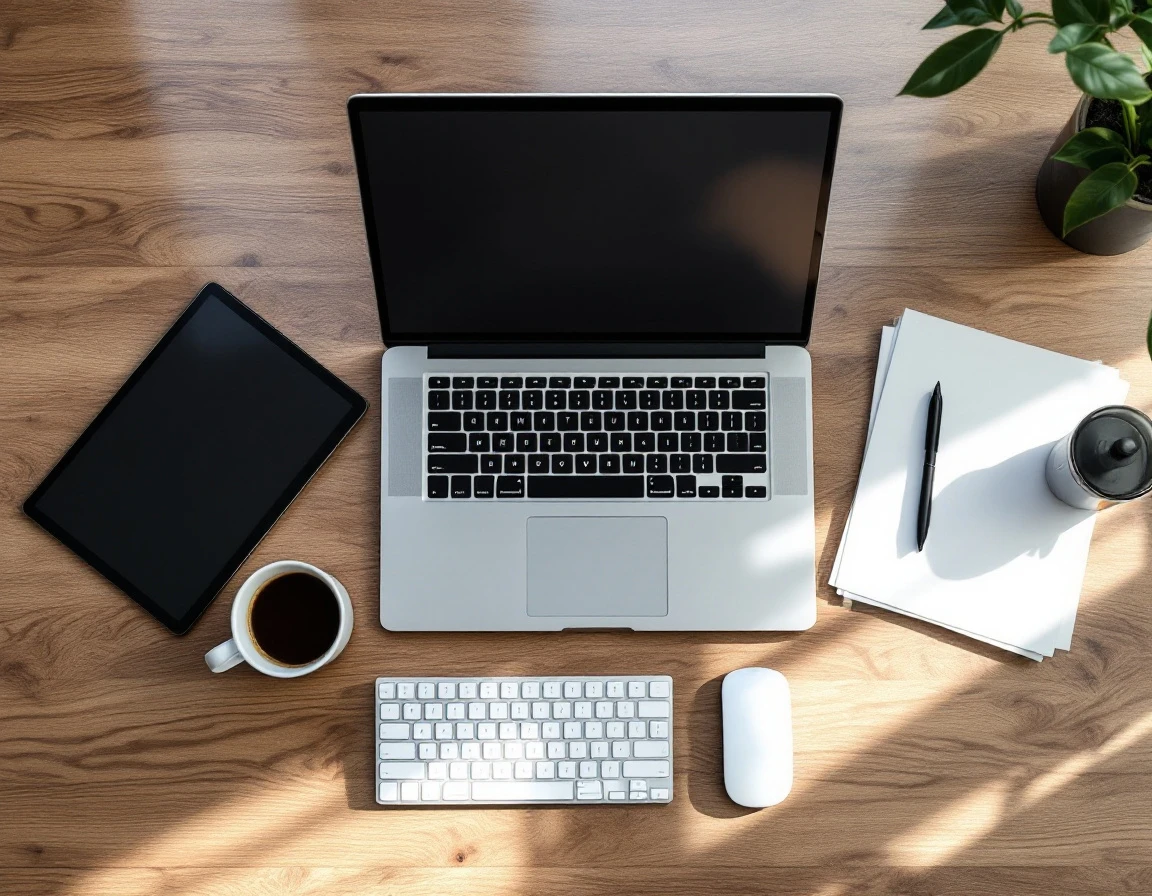Clean office desk with laptop, coffee, and organized workspace supplies on natural wood surface