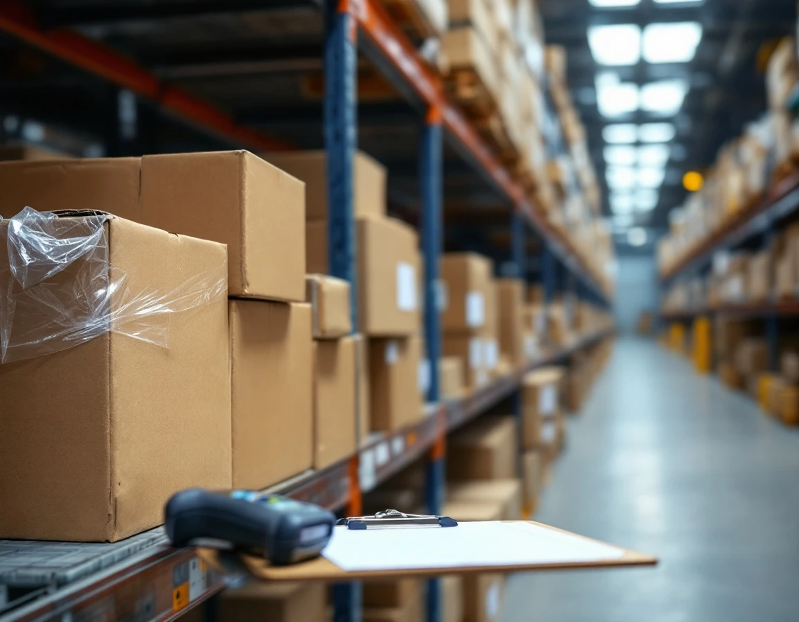 Cardboard shipping boxes on warehouse shelving during inventory audit with scanning equipment