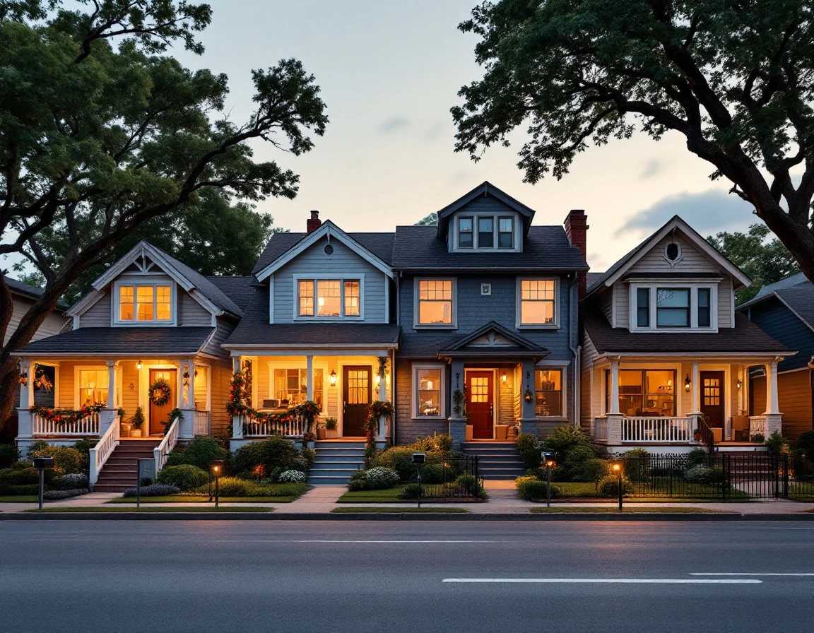 Row of five distinct residential homes at dusk showing different architectural styles and maintenance levels