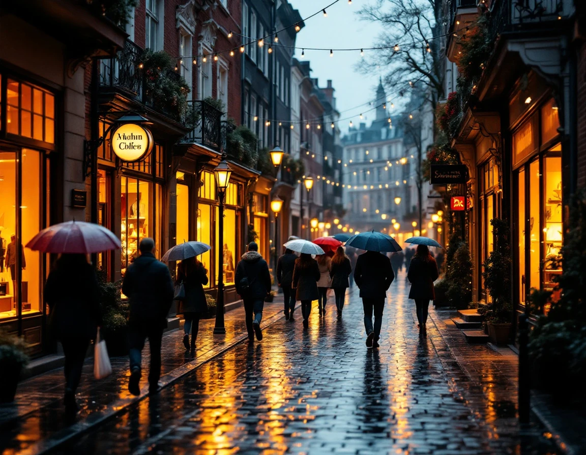 European shopping street at dusk with warm lighting and wet cobblestones creating atmospheric retail environment