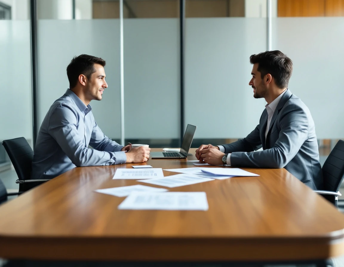 Two business professionals discussing partnership agreements at modern conference table with contracts and coffee