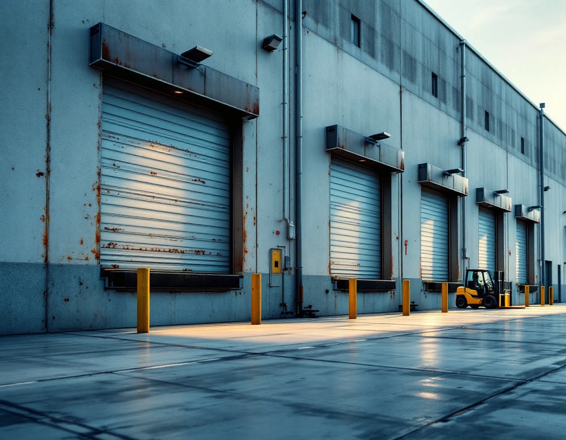 Warehouse loading dock with multiple bay doors at dawn showing operational fulfillment infrastructure