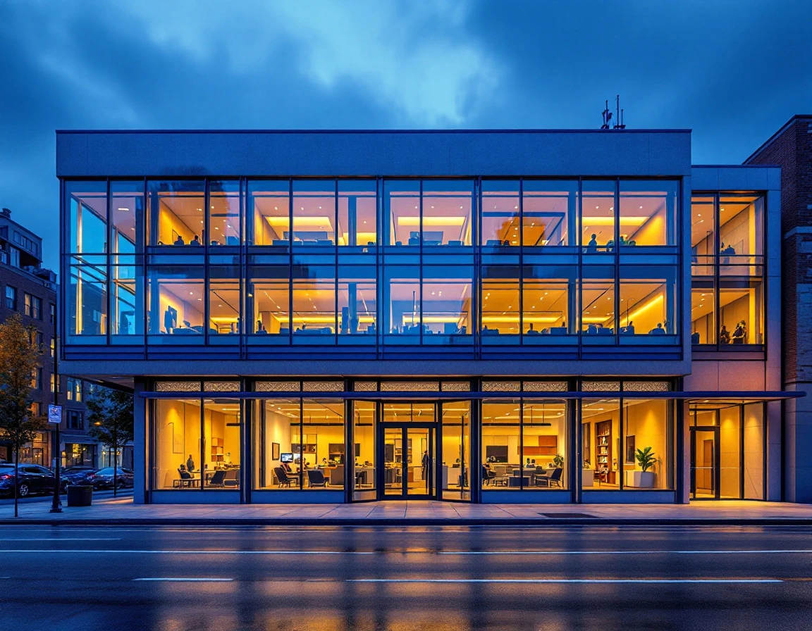 Modern B2B commercial building at twilight with illuminated interior office spaces visible through glass windows