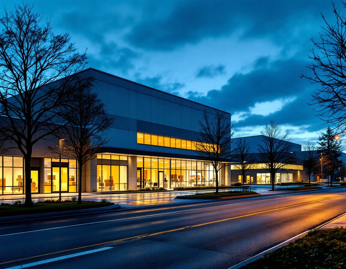 Industrial district showing three commercial buildings of different sizes along a parkway at dusk