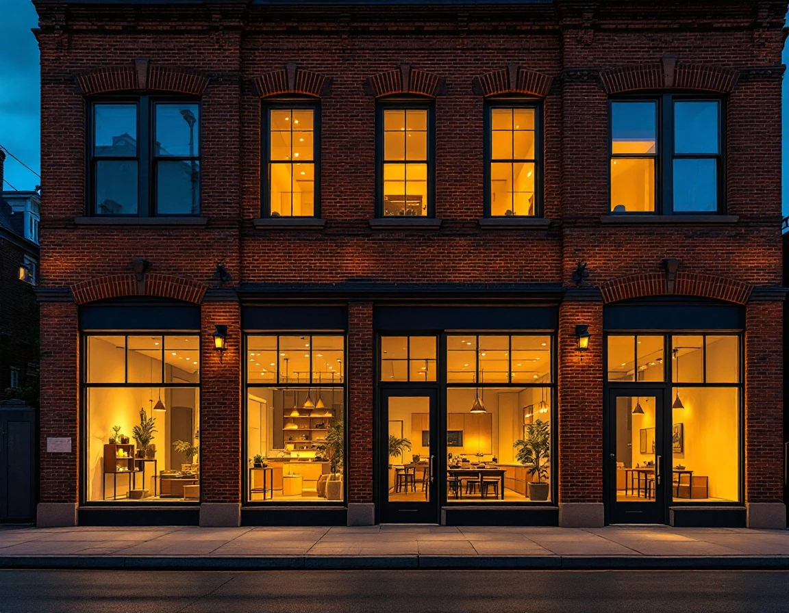 Brick commercial storefronts at twilight with warm interior lighting in an established business district