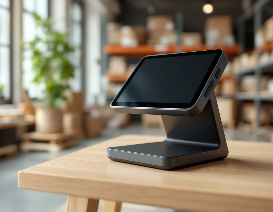 Modern payment terminal on retail counter with card reader in natural light