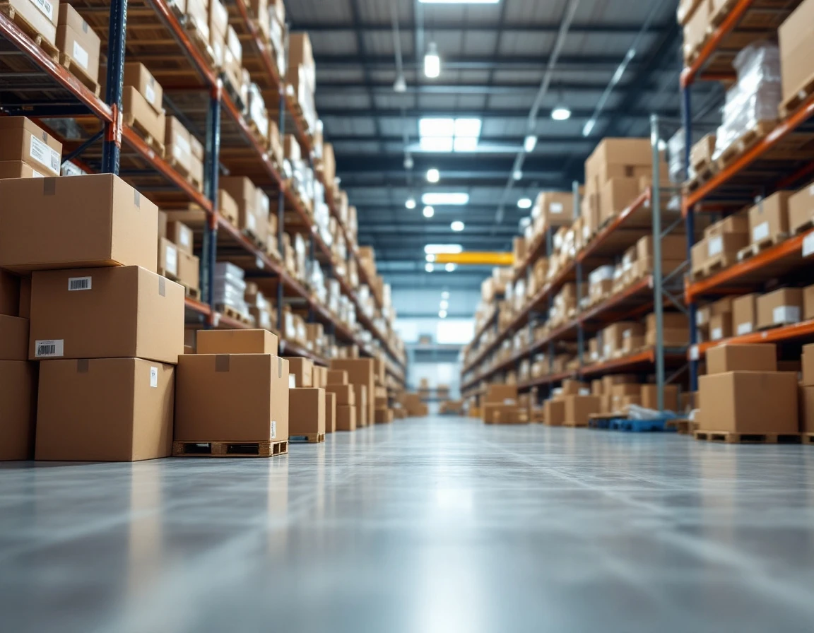 Warehouse shelving with organized retail inventory and shipping boxes in a modern fulfillment center