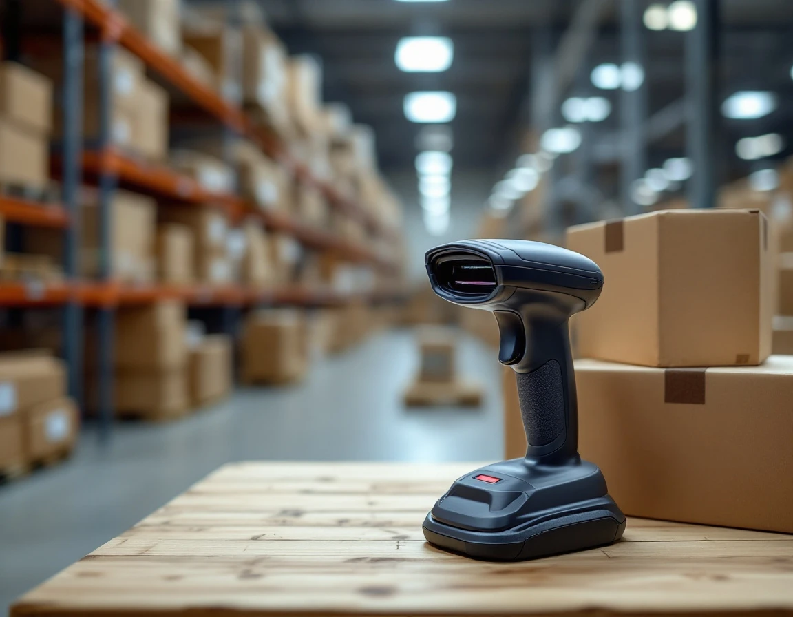 Handheld barcode scanner on warehouse workstation with shipping boxes in fulfillment center