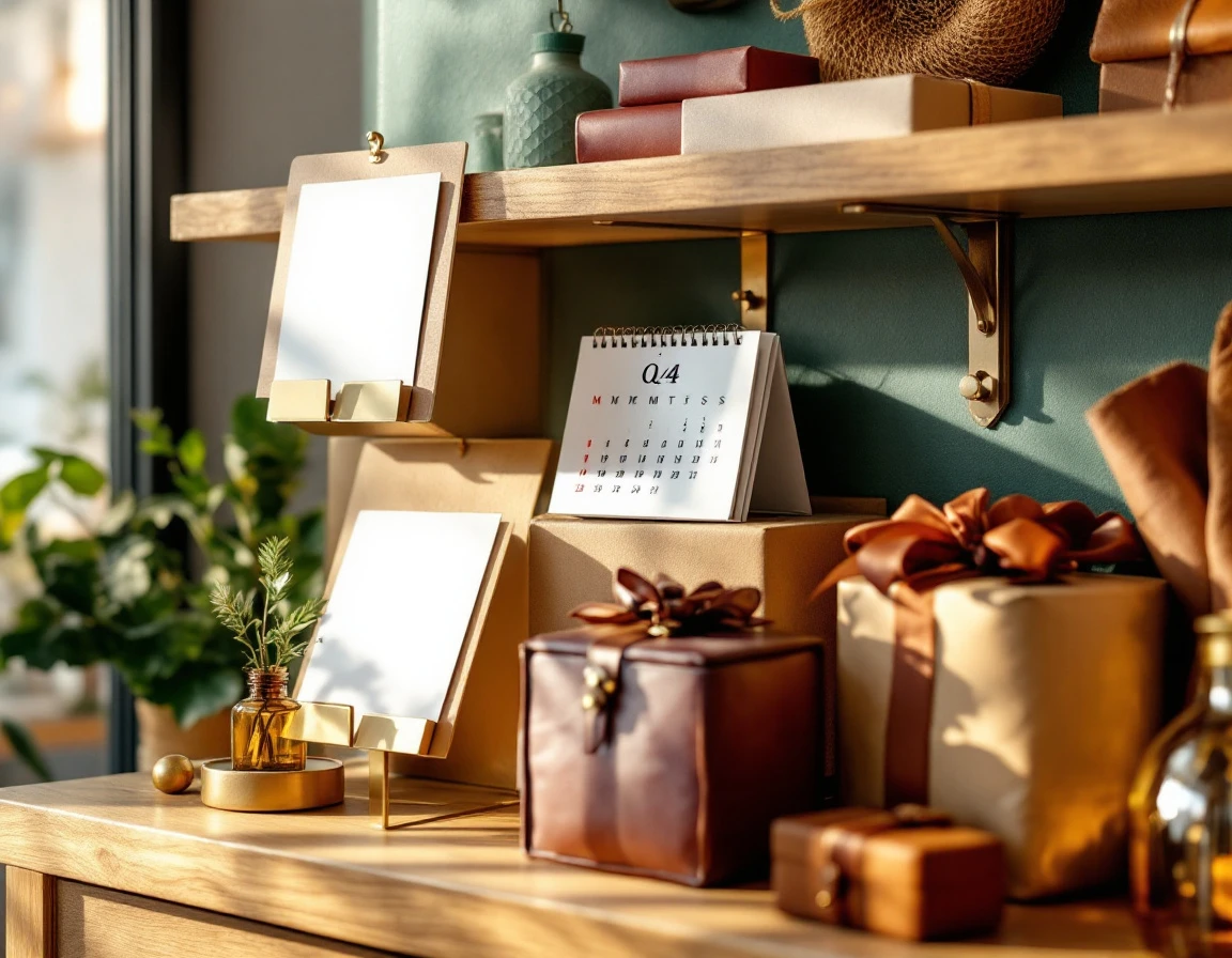 Retail display shelf showing tiered promotional materials and holiday merchandise with varying price points