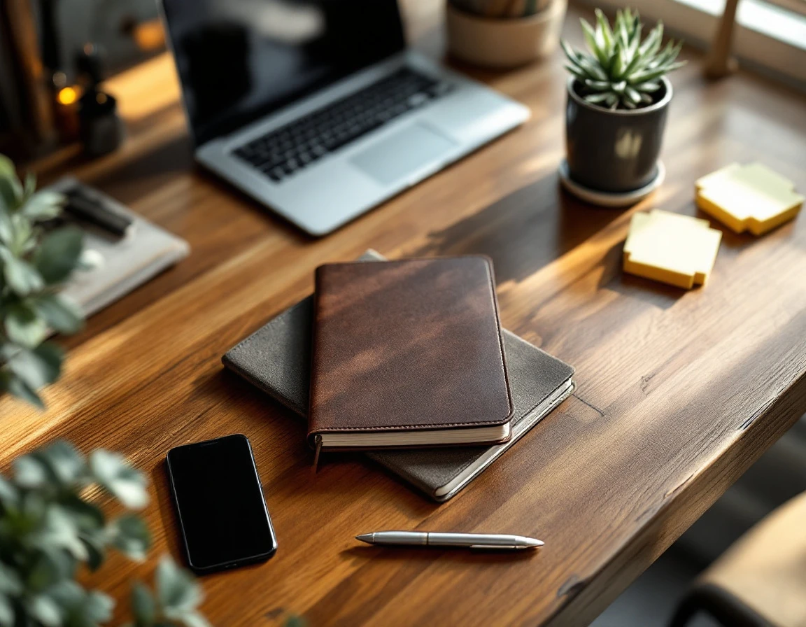 Organized wooden desk with closed notebook, coffee mug, and smartphone during Q4 retail planning season