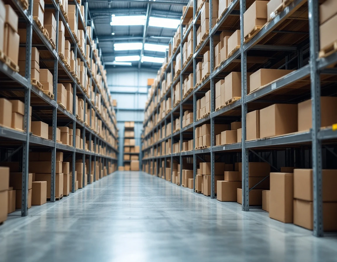 Warehouse shelving with unmarked inventory boxes showing organized stock management