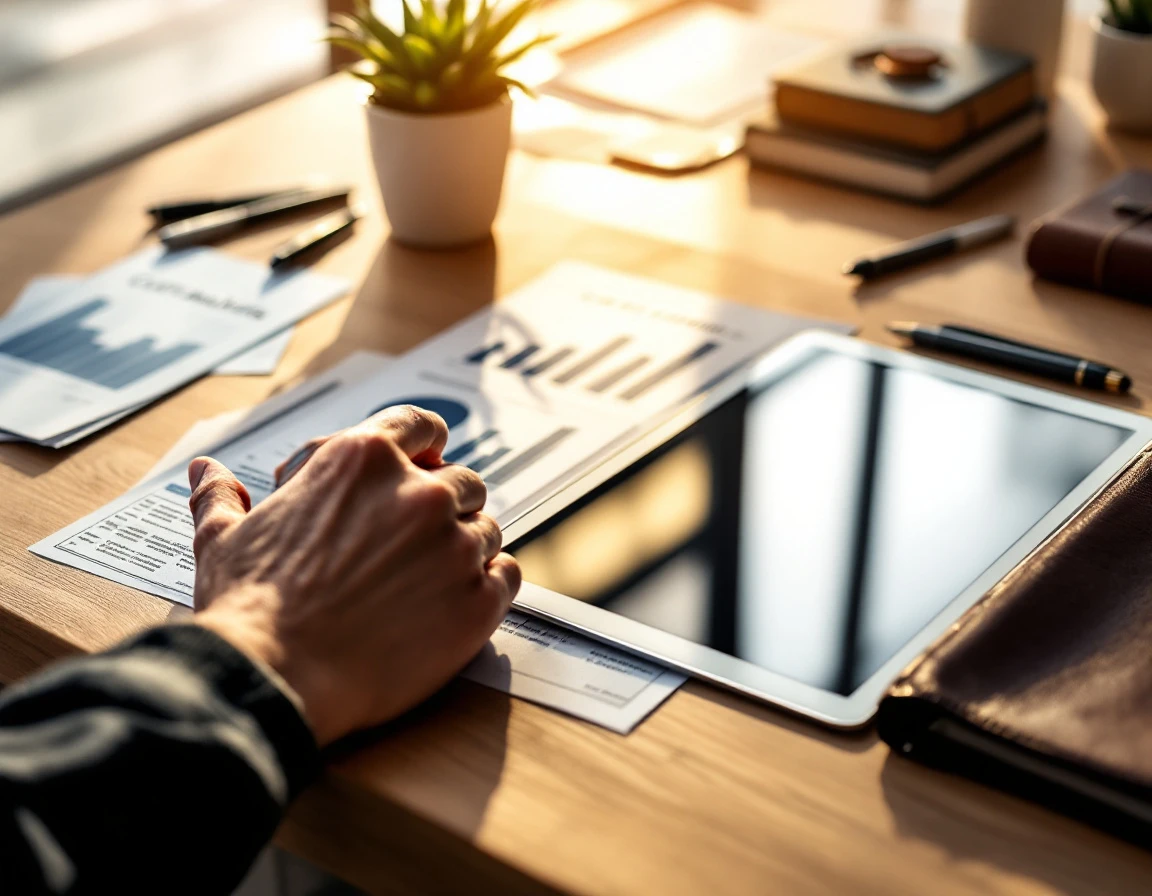 Business desk with documents, tablet, and office accessories in natural morning light