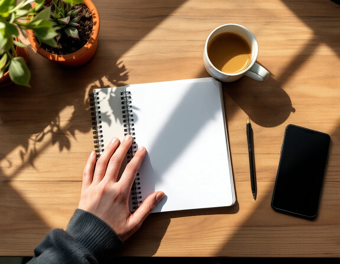 Wooden desk with blank notebook, coffee, and natural morning light creating workspace atmosphere