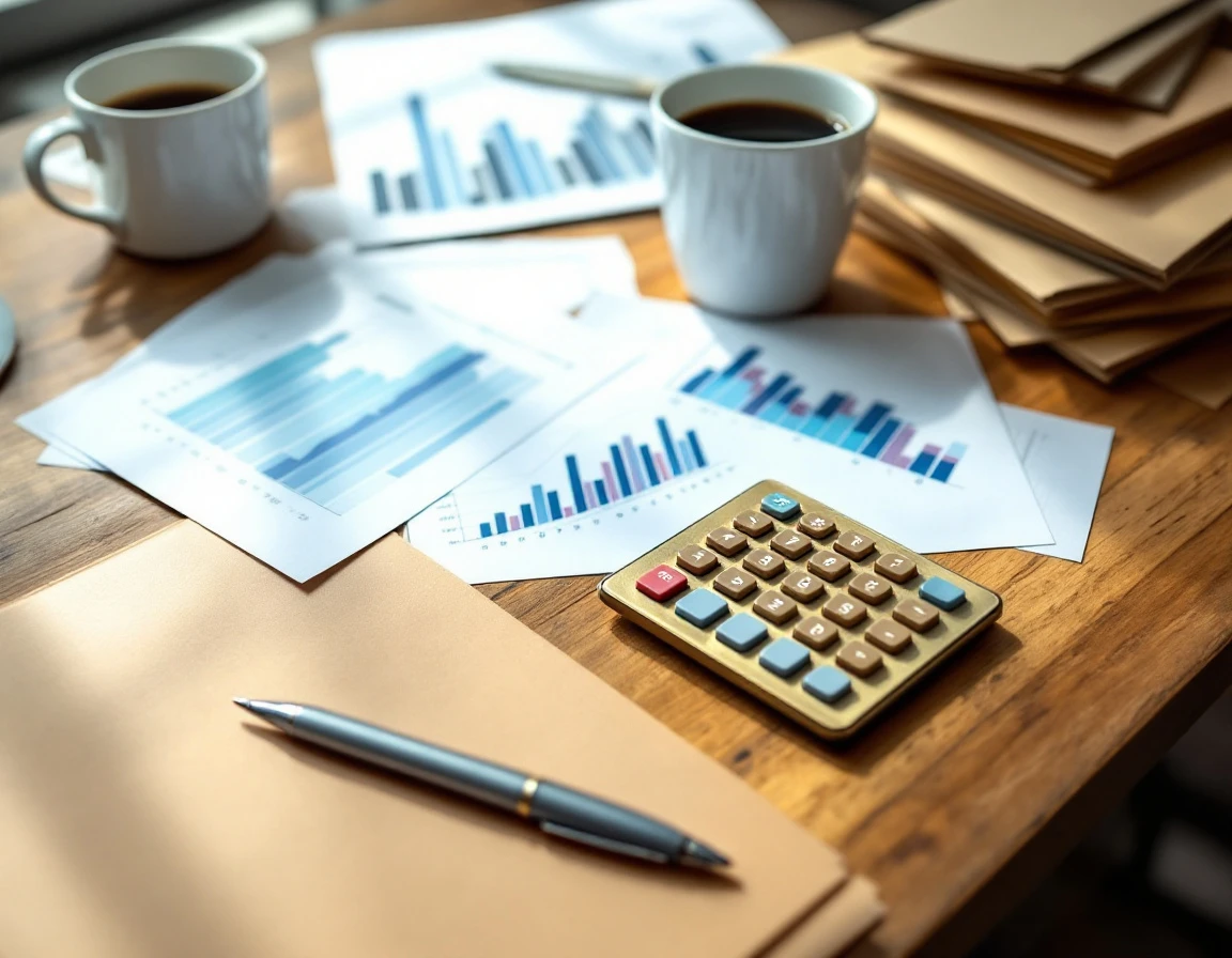 Business desk with calculator, folders, and coffee mug showing pricing strategy workspace without readable text
