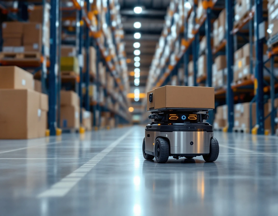 Autonomous mobile robot navigating warehouse aisle in modern e-commerce fulfillment center