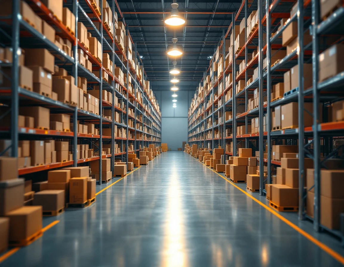 Organized warehouse shelving with stacked inventory boxes in a modern fulfillment center
