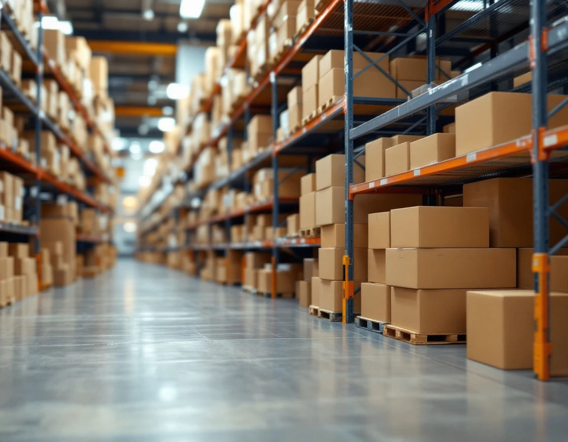 Organized warehouse shelving with stacked cardboard boxes ready for holiday ecommerce fulfillment