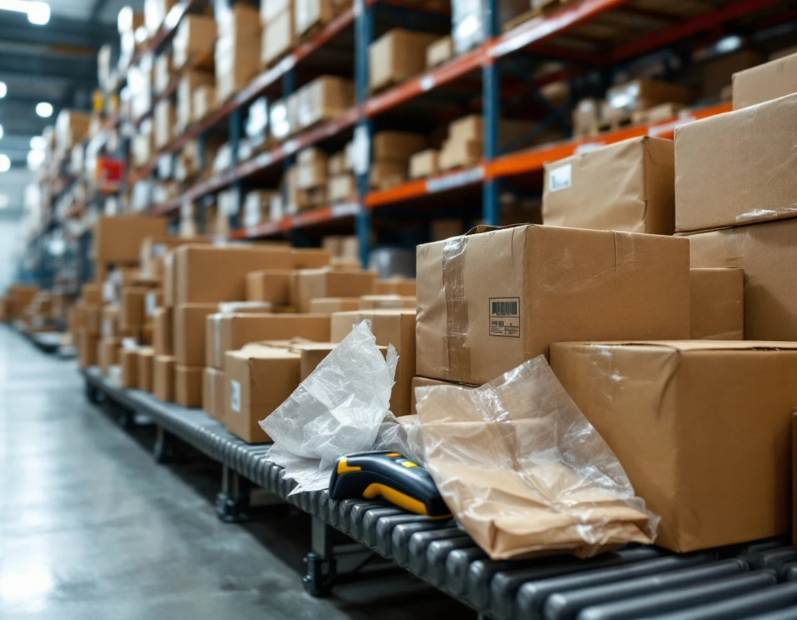 Fulfillment center with shipping boxes and barcode scanner during peak holiday order processing