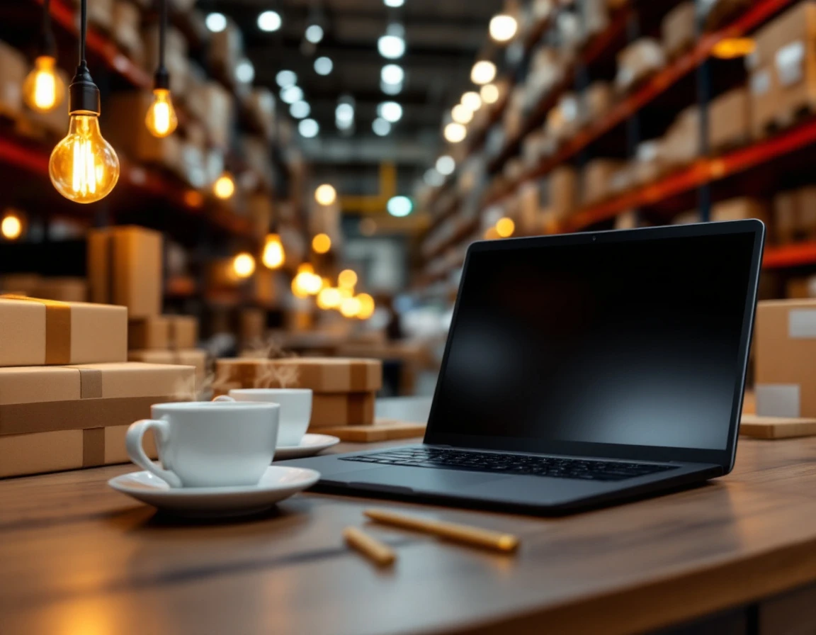 Warehouse office desk with closed laptop, coffee, and shipping boxes during B2B holiday restocking season