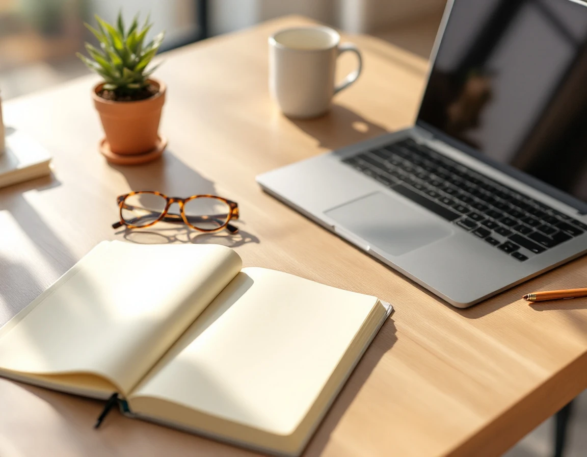 Organized workspace with laptop, blank notebook, and coffee mug on wooden desk in natural sunlight