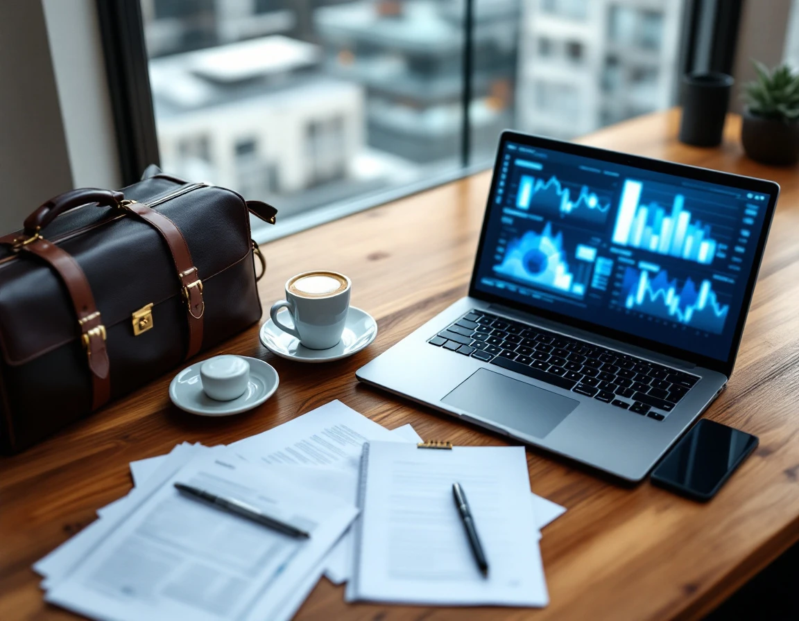 Overhead view of professional desk workspace with laptop, coffee, and business materials near window light