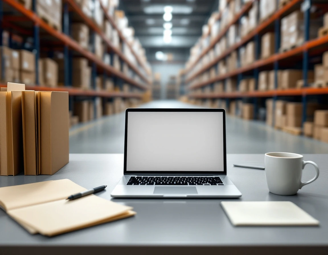 Warehouse workspace desk with laptop and paperwork for processing bulk institutional orders