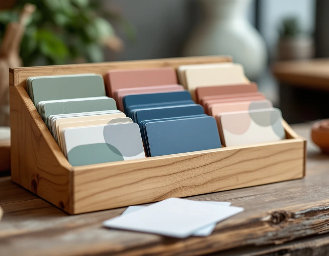 Wooden gift card display holder with multiple cards in muted colors arranged on retail counter