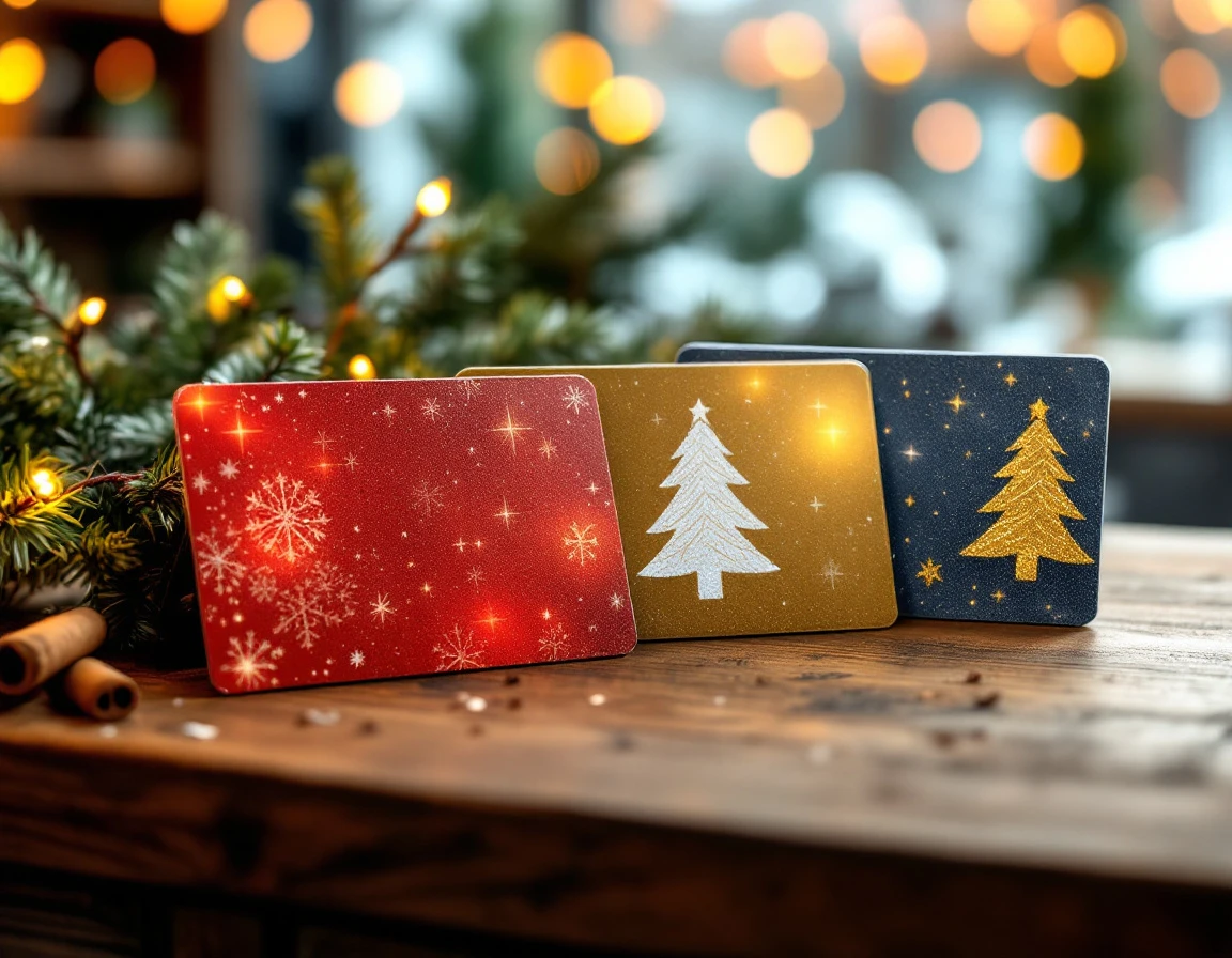 Holiday gift cards arranged on wooden retail counter with festive decorations and natural lighting