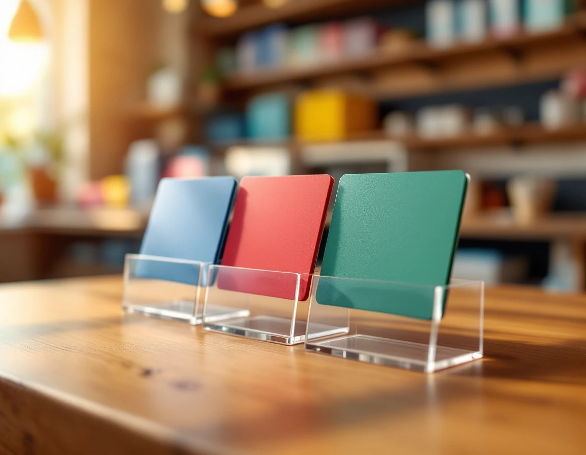 Gift cards displayed in acrylic stands on wooden retail counter with natural lighting