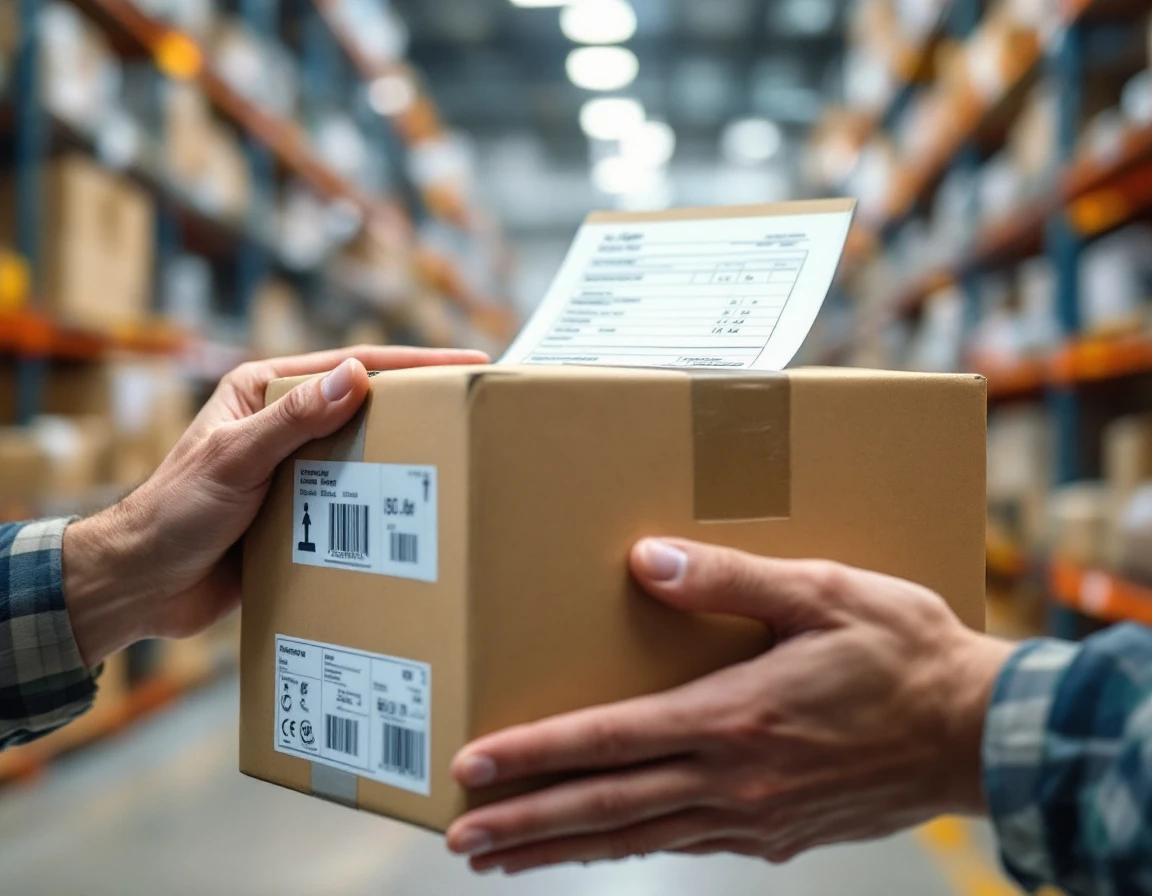 Warehouse worker inspecting branded packaging and packing slip documentation for blind drop-shipping coordination